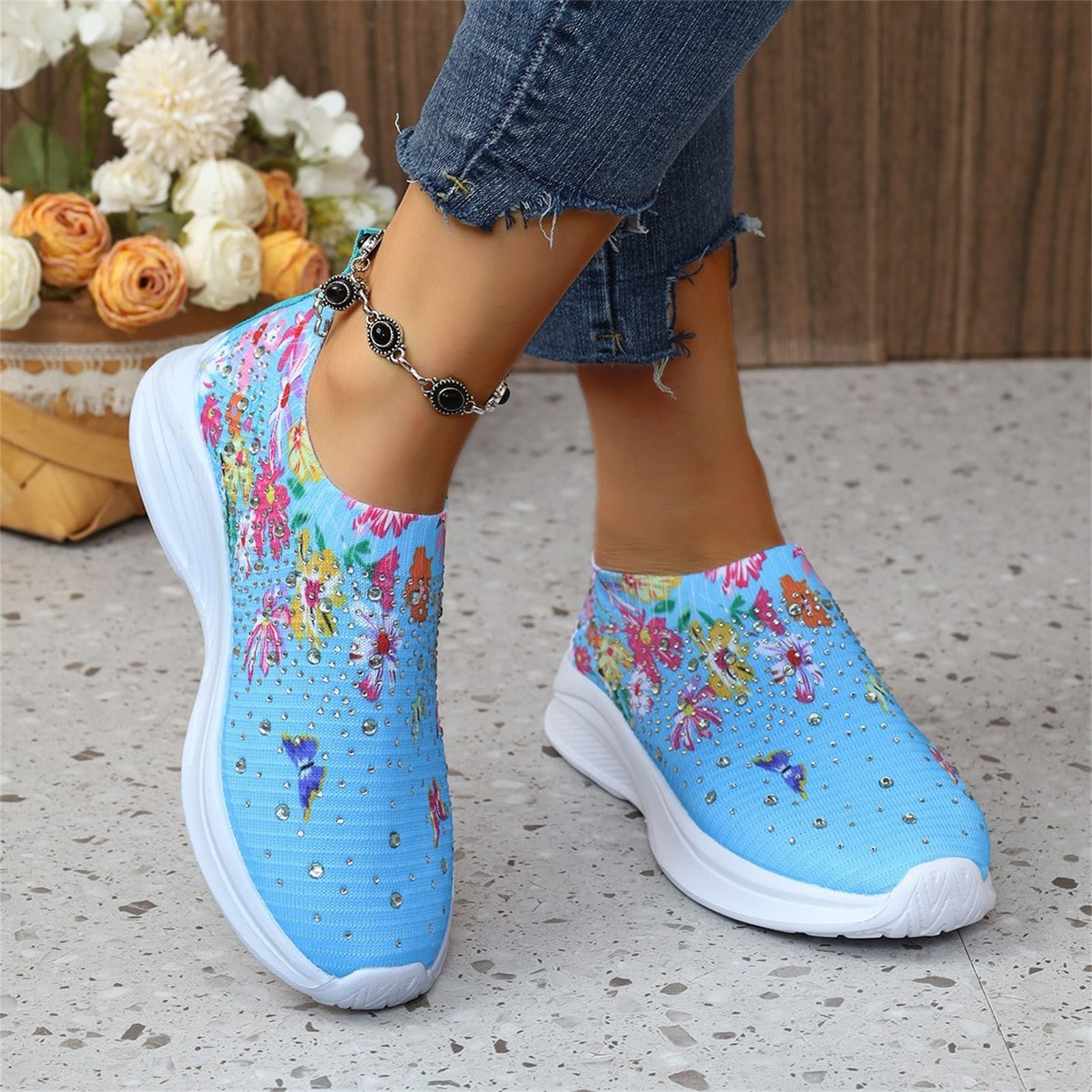 Scarpe da ginnastica da donna glamour con strass floreali senza lacci in maglia scintillante scarpe da ginnastica imbottite per feste e crociere