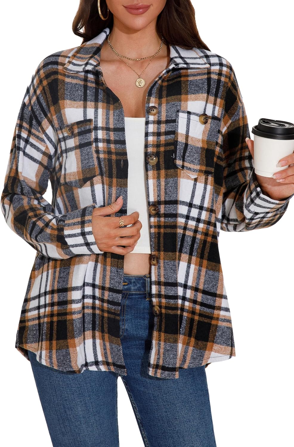 GUANYY Womens Flannel Shirts Button Down Plaid Shacket Long Sleeve Collared Business Casual Work Tops