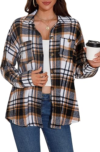 GUANYY Womens Flannel Shirt Long Sleeve Button Down Shirts Classic Plaid Cowboy 