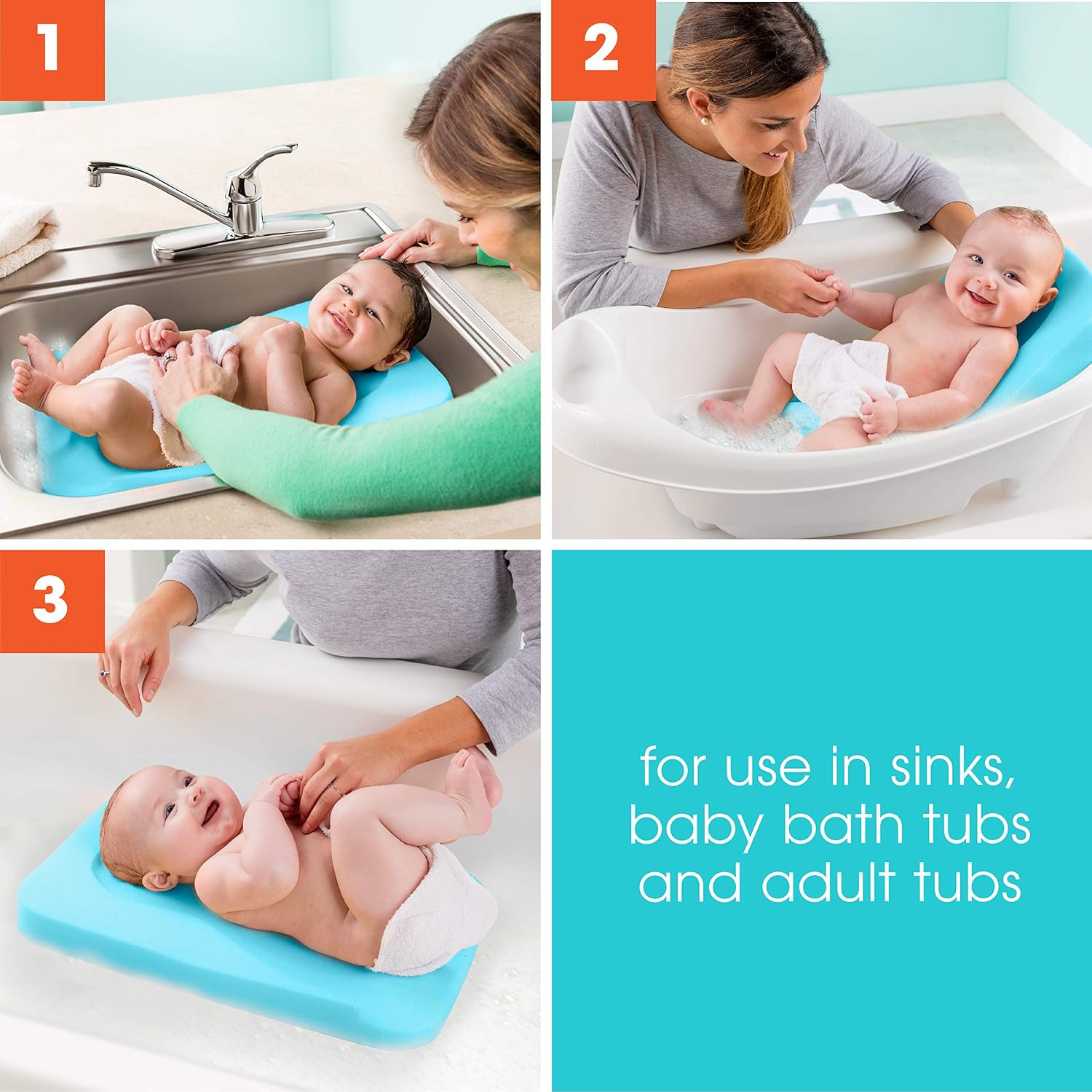 Summer Comfy Bath Sponge (Aqua) – Contoured Foam Cushion Supports Baby’s Head, Neck, and Back