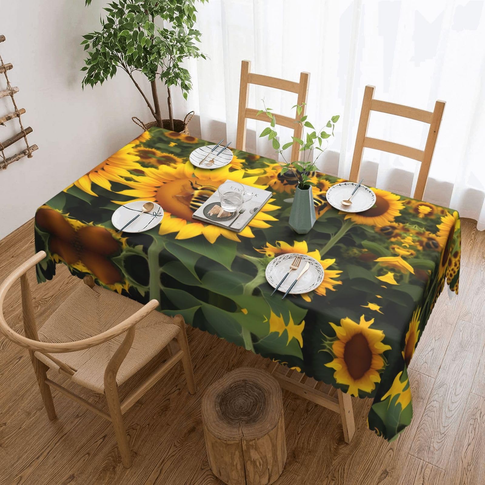 HLBSDM Sunflower Bees Print Rectangle Washable Tablecloth Decorative Table Cover for Dining Table Buffet Parties