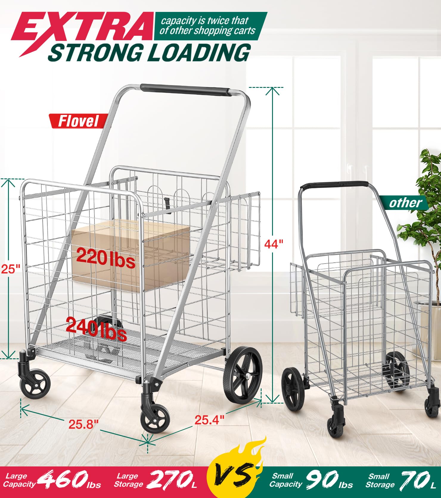 Carro de la Compra - Carro Compra Plegable Capacidad 150 kg 2 Ruedas Giratorias 360° y Doble Cesta Carro Plegable con Ruedas Portatodo para Familias & Supermercado