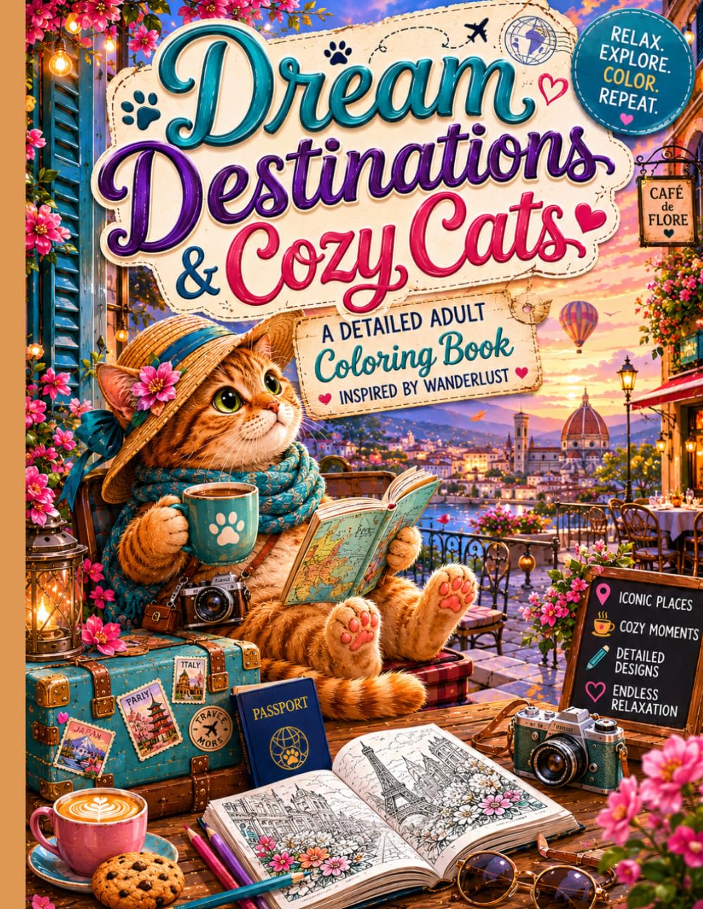 Dream Destinations & Cozy Cats: A Detailed Adult Coloring Book Inspired by Wanderlust