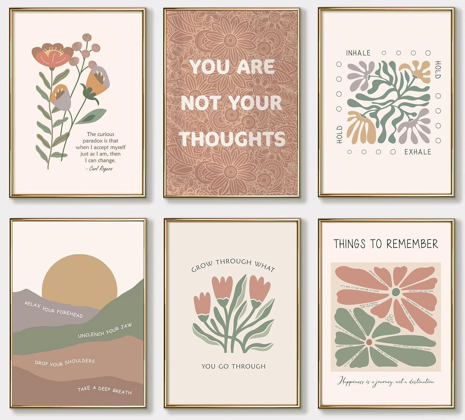 Wavkkey 6Pcs Mental Health Wall Art Psychology Therapy Motivational Quotes abstract Boho floral Painting Pictures Poster Wall Decor Canvas Print Artwork for Bedroom Office Home Decoration