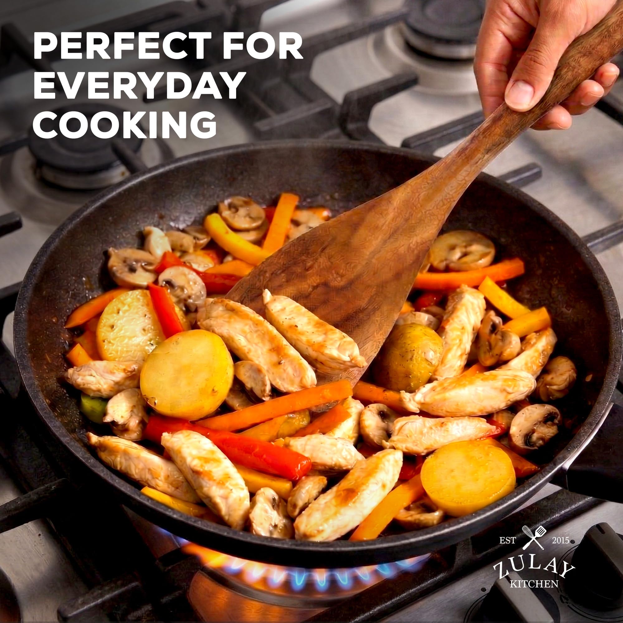 Zulay Kitchen Lot de 15 ustensiles en bois de teck pour la cuisine – Ensemble d'ustensiles en teck naturel avec coffret cadeau de qualité supérieure – Cuillères en bois antiadhérentes pour la cuisine
