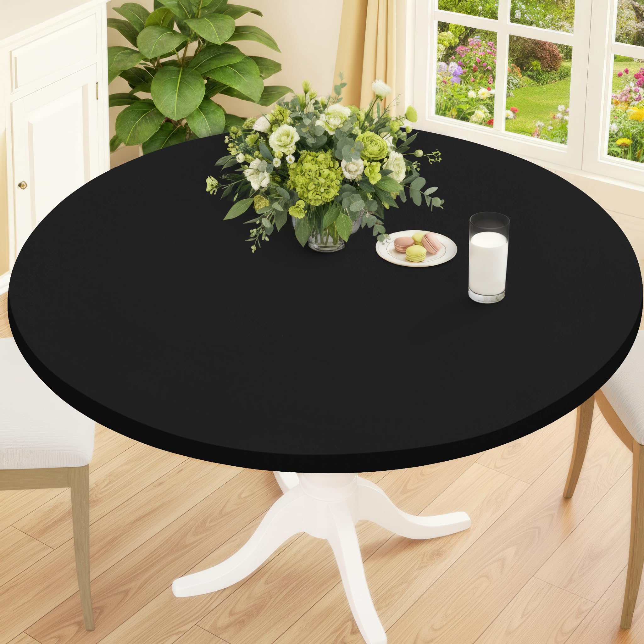 Smiry Round Spandex Tablecloth, Elastic Fitted Washable Tablecloths for 36"-44" Tables, Waterpoof Stretch Picnic Table Cover for Dining, Indoor and Outdoor, Black