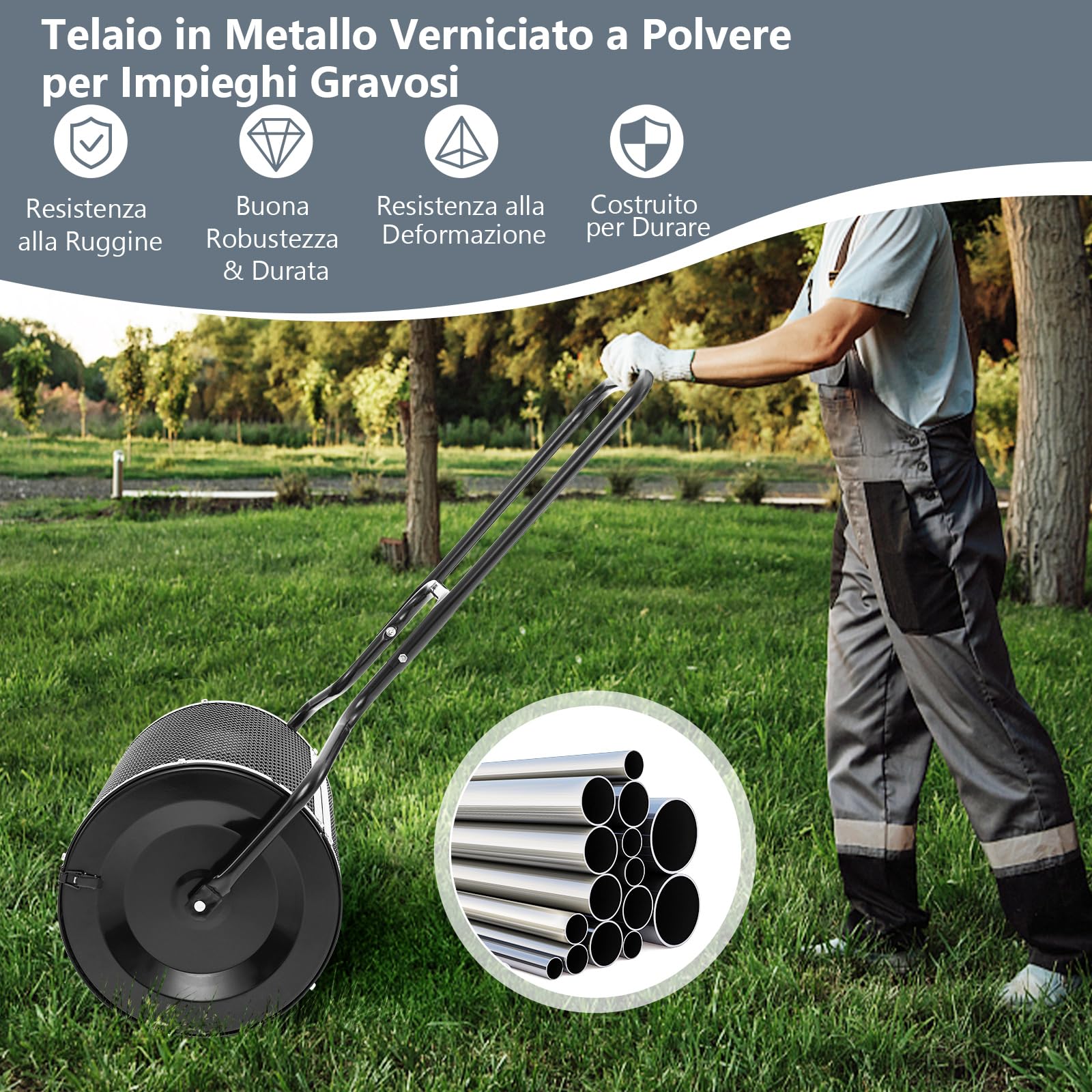 COSTWAY Spandiconcime a Rullo, Rullo da Giardino con Impugnatura Pratica Chiusure Laterali e Rete in Metallo per Concimazione e Semina, Spandiconcime per Prato e Giardino (41 x 60 cm Nero)