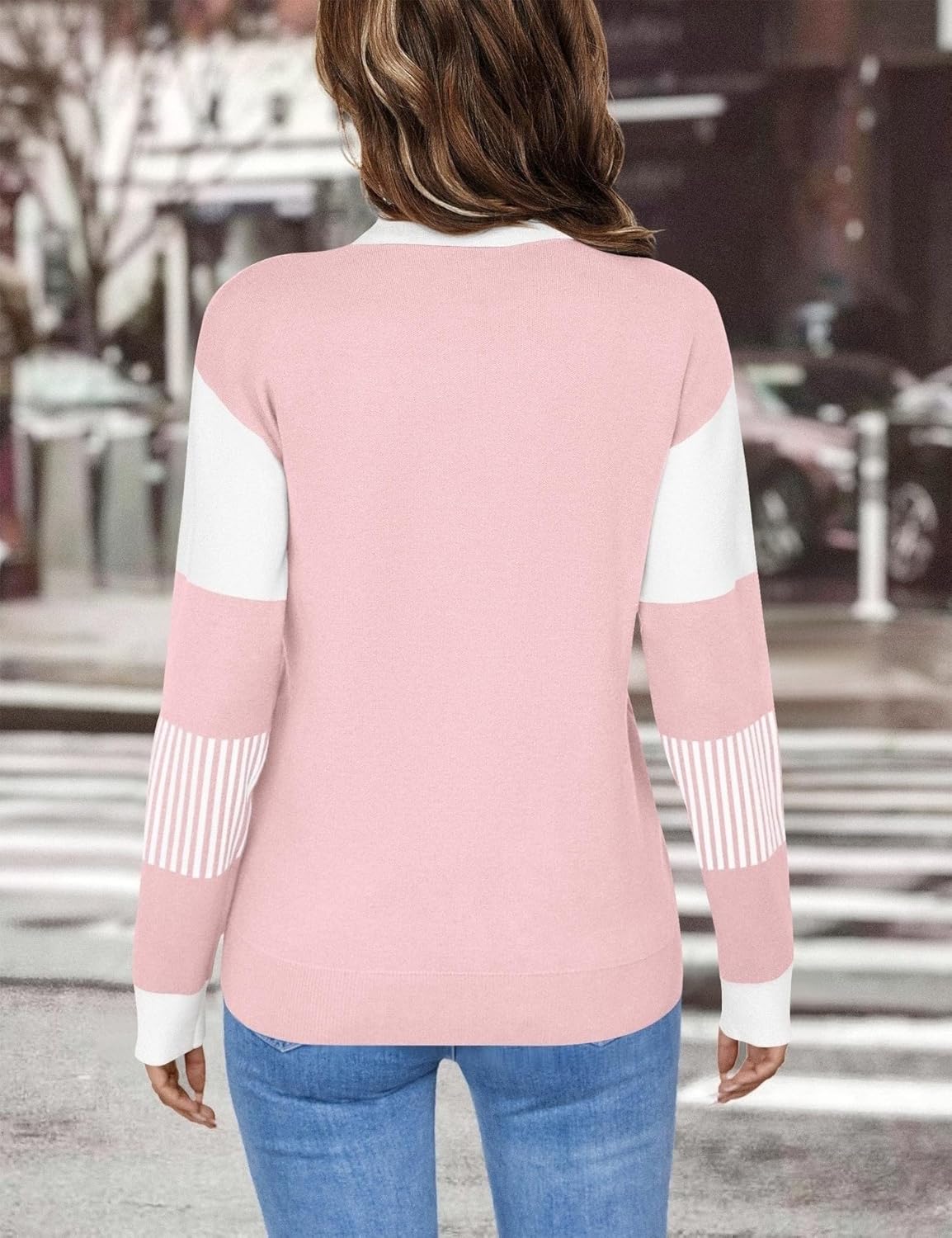 LOMON V Neck Long Sleeve Loose Sweaters Color Block Striped Knitted Pullover Jumper Tops - Image 5