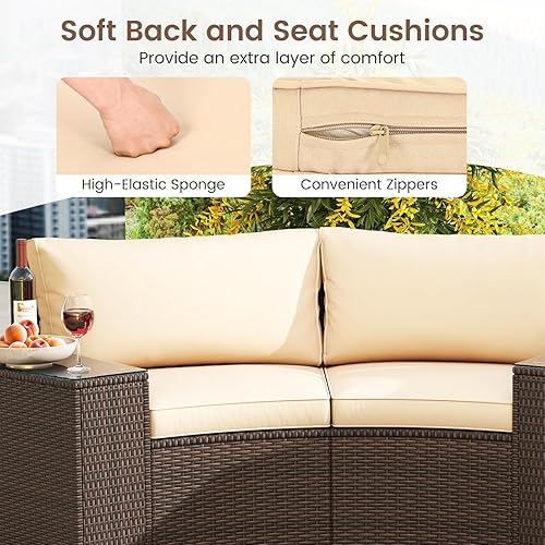 Miniatura 6 de Tangkula Juego de muebles de patio de 5 piezas, sofás acolchados seccionales curvados de media luna de ratán con mesas laterales superiores de