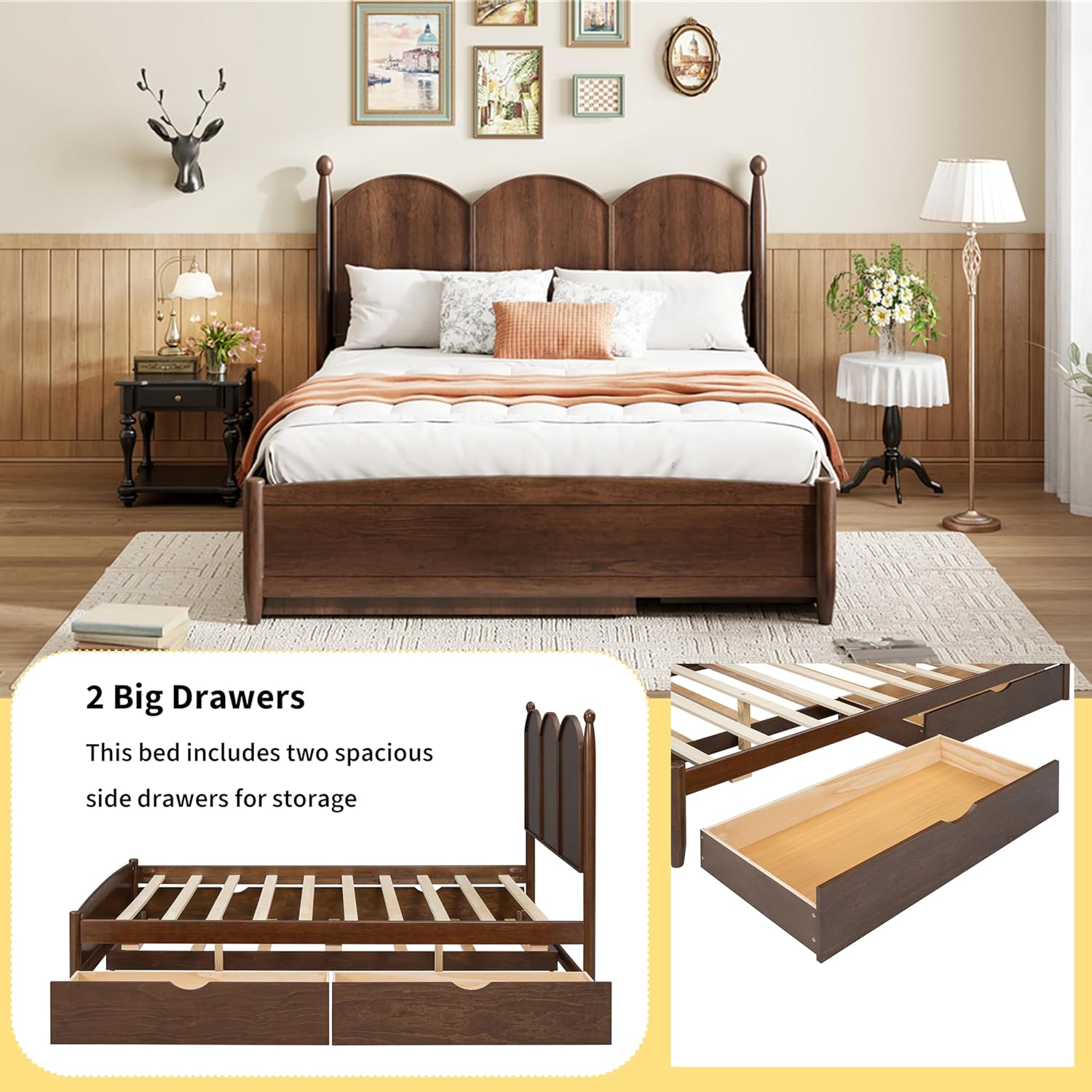 Image showing the Polibi Queen Platform Bed with one of its two large storage drawers partially pulled out, revealing the interior space.