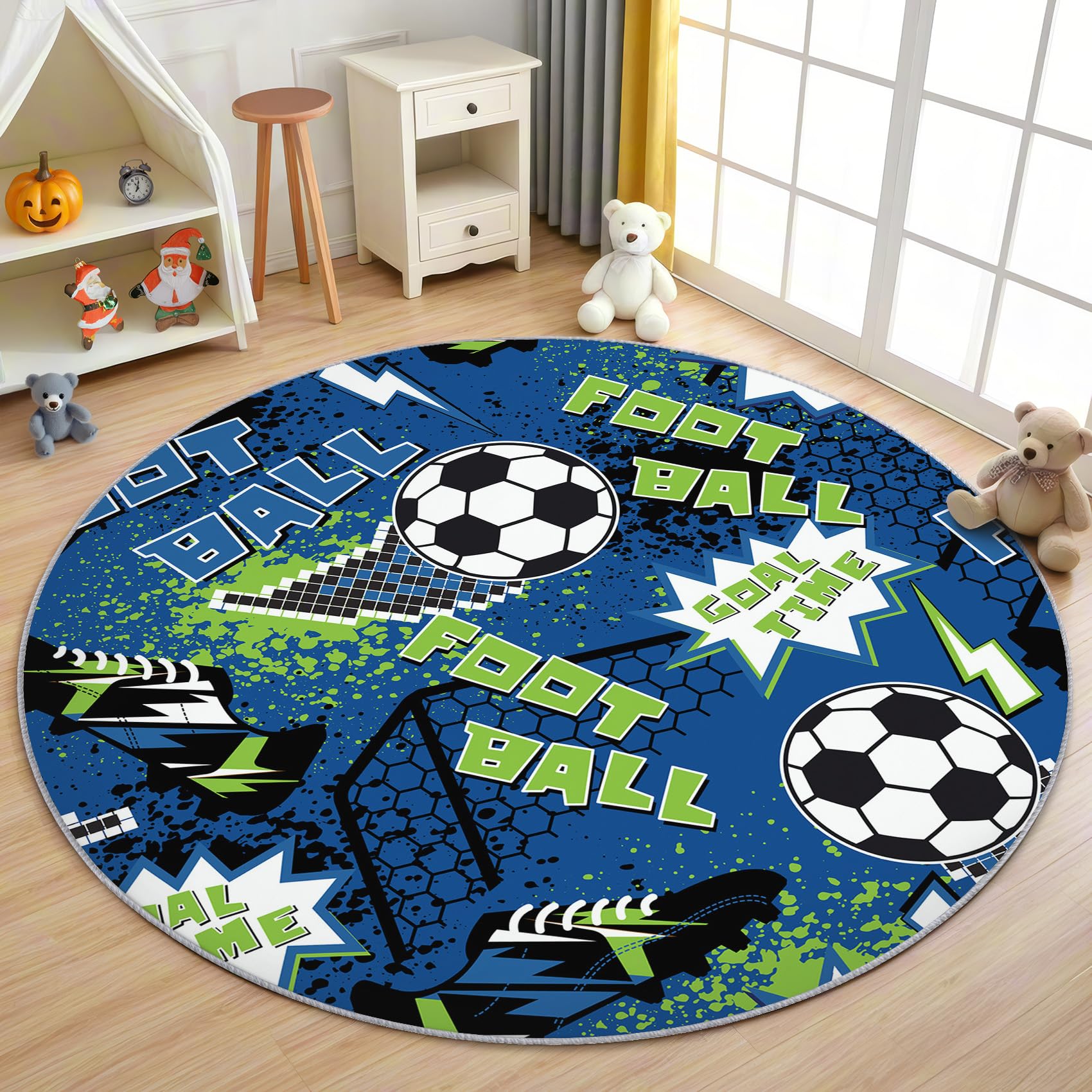 Fußball Teppich Rund 120cm Kurzflor - Waschbare Teppiche Wohnzimmer Jungen Sport - Runder Teppich 120 Durchmesser Kinderzimmer - Bettvorleger Schlafzimmer rutschfest Weich