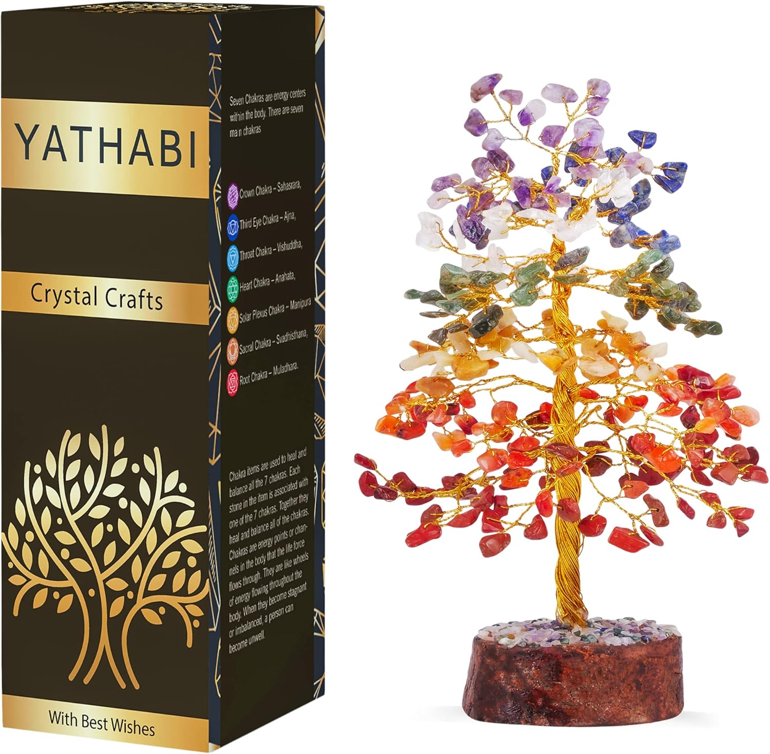 YATHABI Seven Mix Chakra Tree Natural Healing Crystal Gemstone Feng Shui Money Bonsai Trees Home Decor Prosperity Aura Cleansing for Wealth and Luck Golden Wire Size 10 Inch - Image 9