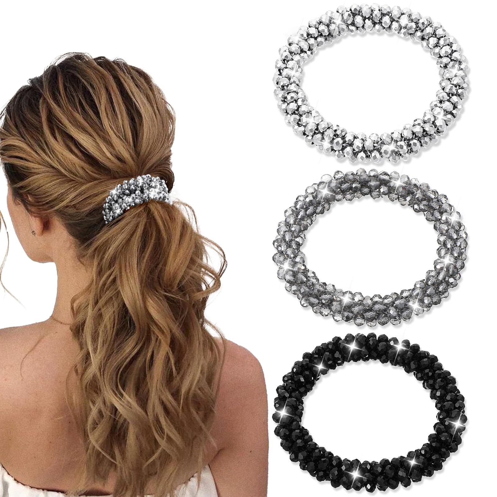 3 PCS Rhinestone Hair Ties, Elastic Ponytail Holders, Glitter Crystal Hair Scrunchies Ties