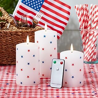 Lights4fun, Inc. Set of 3 TruGlow Patriotic Red, White & Blue Star Wax Flameless LED Battery Operated Pillar Candles with Remote Control