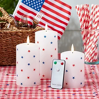 Lights4fun, Inc. Set of 3 TruGlow Patriotic Red, White & Blue Star Wax Flameless LED Battery Operated Pillar Candles with Remote Control
