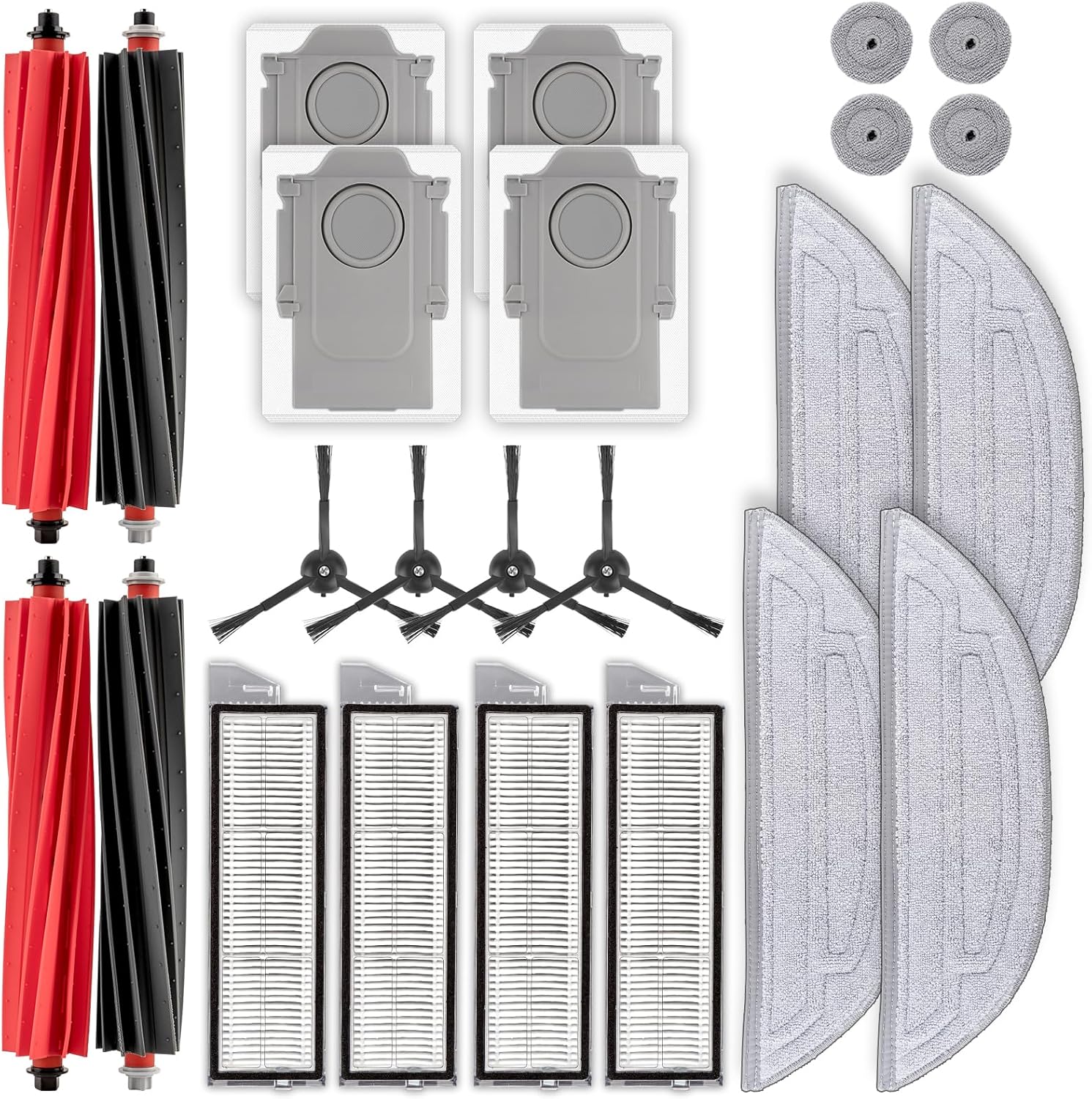 (24 Pack) Replacement Parts Compatible with Roborock S8 MaxV Ultra/ S8 Max Ultra Robot Vacuum, Accessories Kit, 4 Roller Brushes, 4 Big + 4 Small Mop Pads, 4 Dust Bags, 4 HEPA Filters, 4 Side Brushes