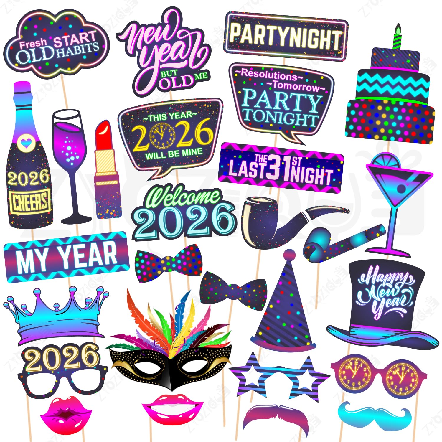 28 Pcs New Years Eve Photo Booth Props-2026 Photo Booth Props, New Years Eve Party Supplies 2026,Happy New Year Decorations 2026