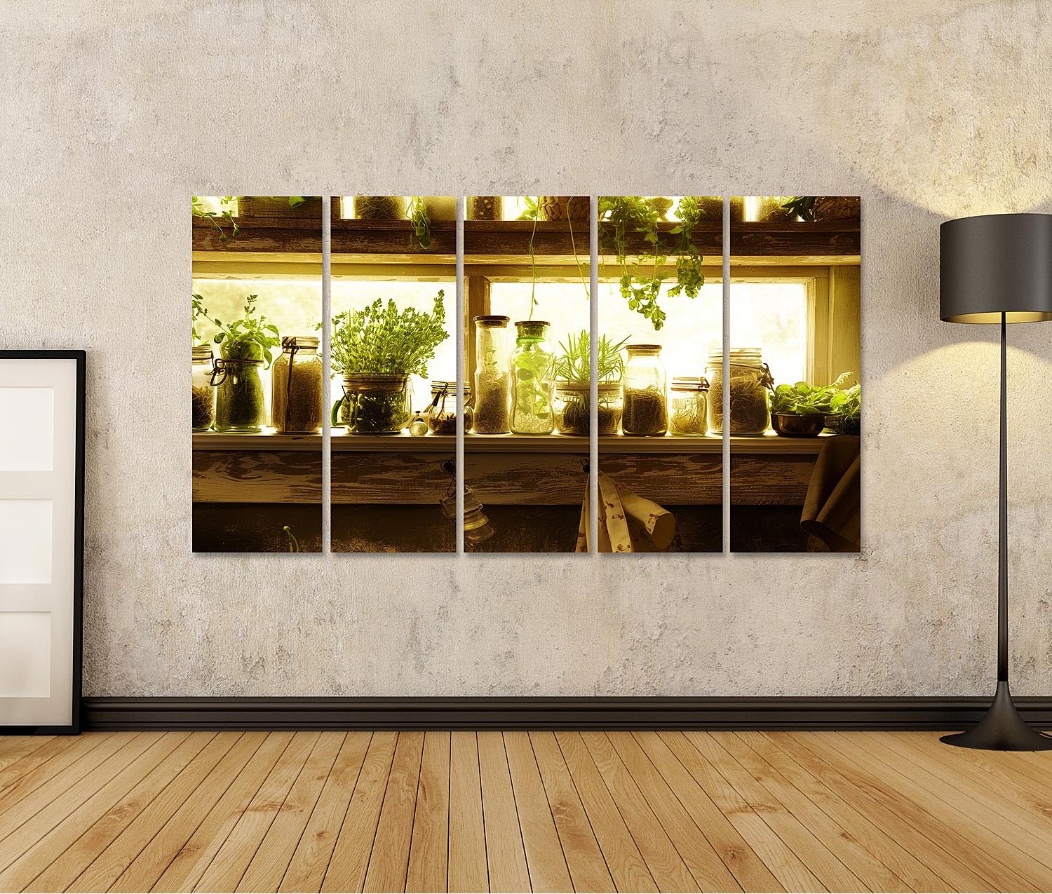 islandburner Quadro su tela finestra della cucina con erbe e spezie in barattoli per cucina chef hobby gastronomia Immagini murali poster