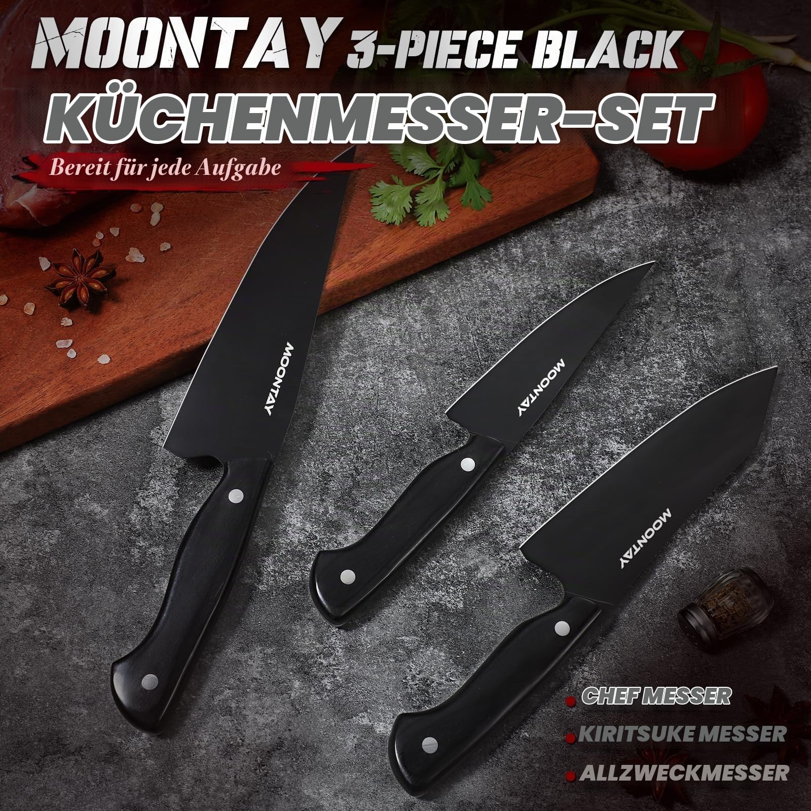 Moontay 3-teiliges Küchenmesser-Set mit Geschenkbox - Kochmesser, Santoku & Universalmesser - Aus rostfreiem Edelstahl mit rutschfestem Griff - Rasiermesserscharfe Messer zum Kochen - Geschenkidee