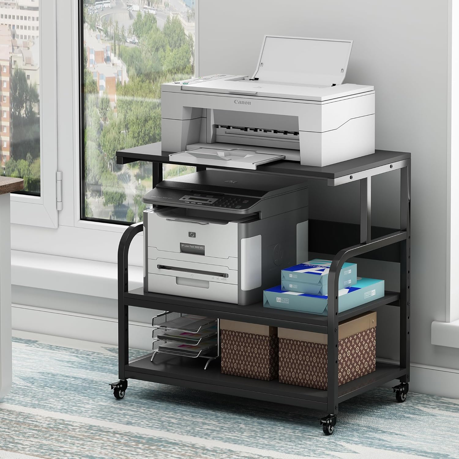 32.3" x 18.9" Extra Large Printer Stand Table with Adjustable Storage Shelf, 3 Tier Rolling Printer Cart with Industrial Wheels for Home Office, Black Black 32.3"W x 18.9"D x 32.1"H