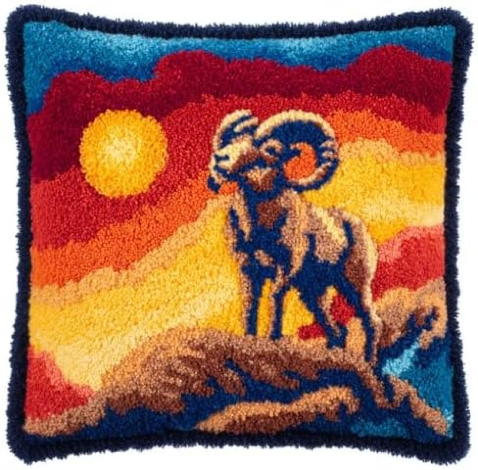 kitphoenix DIY Cushion Cover Kit for Adults Beginners,Bighorn Sheep Sunset Sidelighting,Latch Hook Craft Set for Women with Pre-Cut Yarn and Hook,43x43 cm