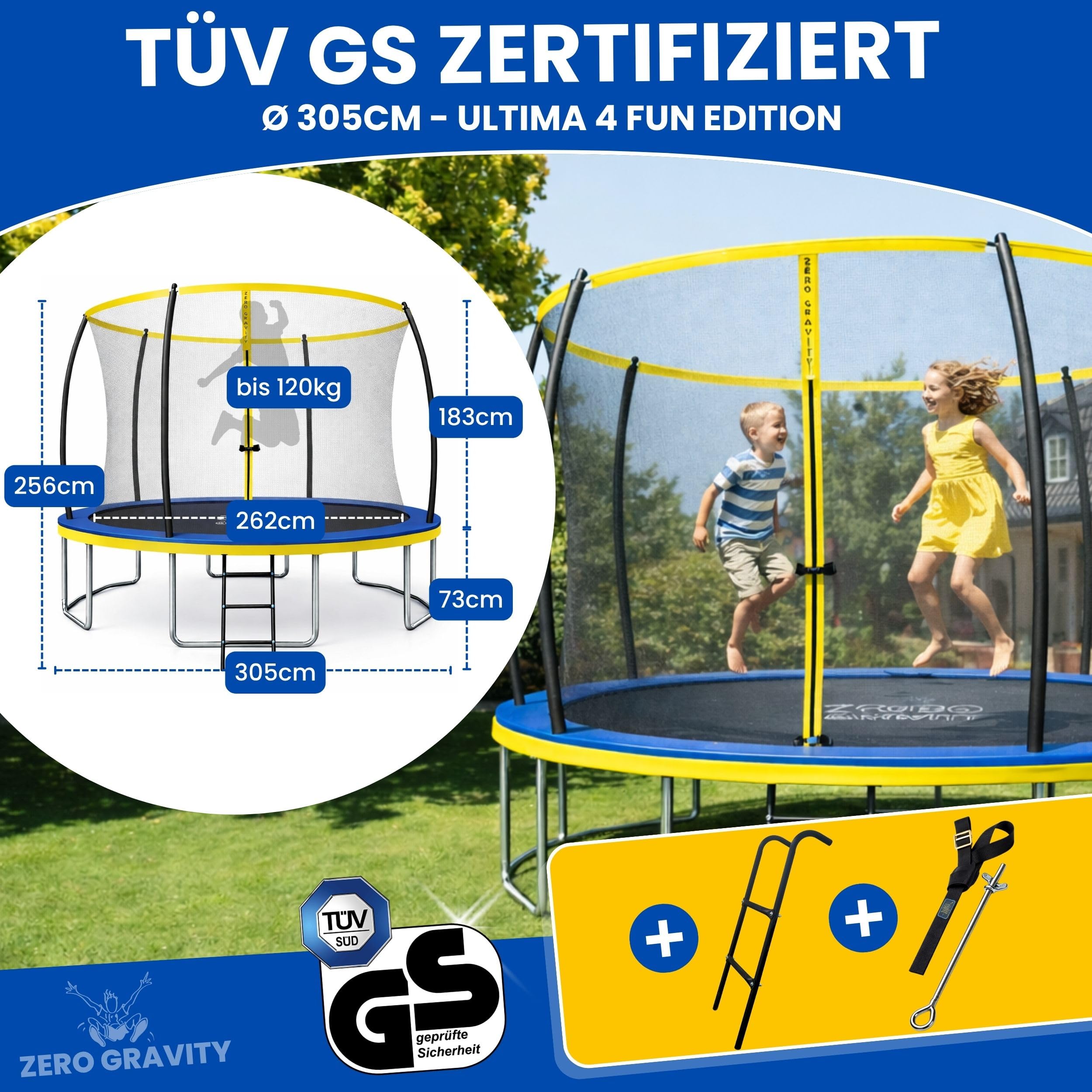 Zero Gravity Trampolin Outdoor Ø 183/244/305/366/427 cm, TÜV GS, Smartes Klappnetz für schnellen Auf- und Abbau, Outdoor Trampolin Komplett-Set inkl. Leiter, Aufbauvideo, Ultima 4 Modelle