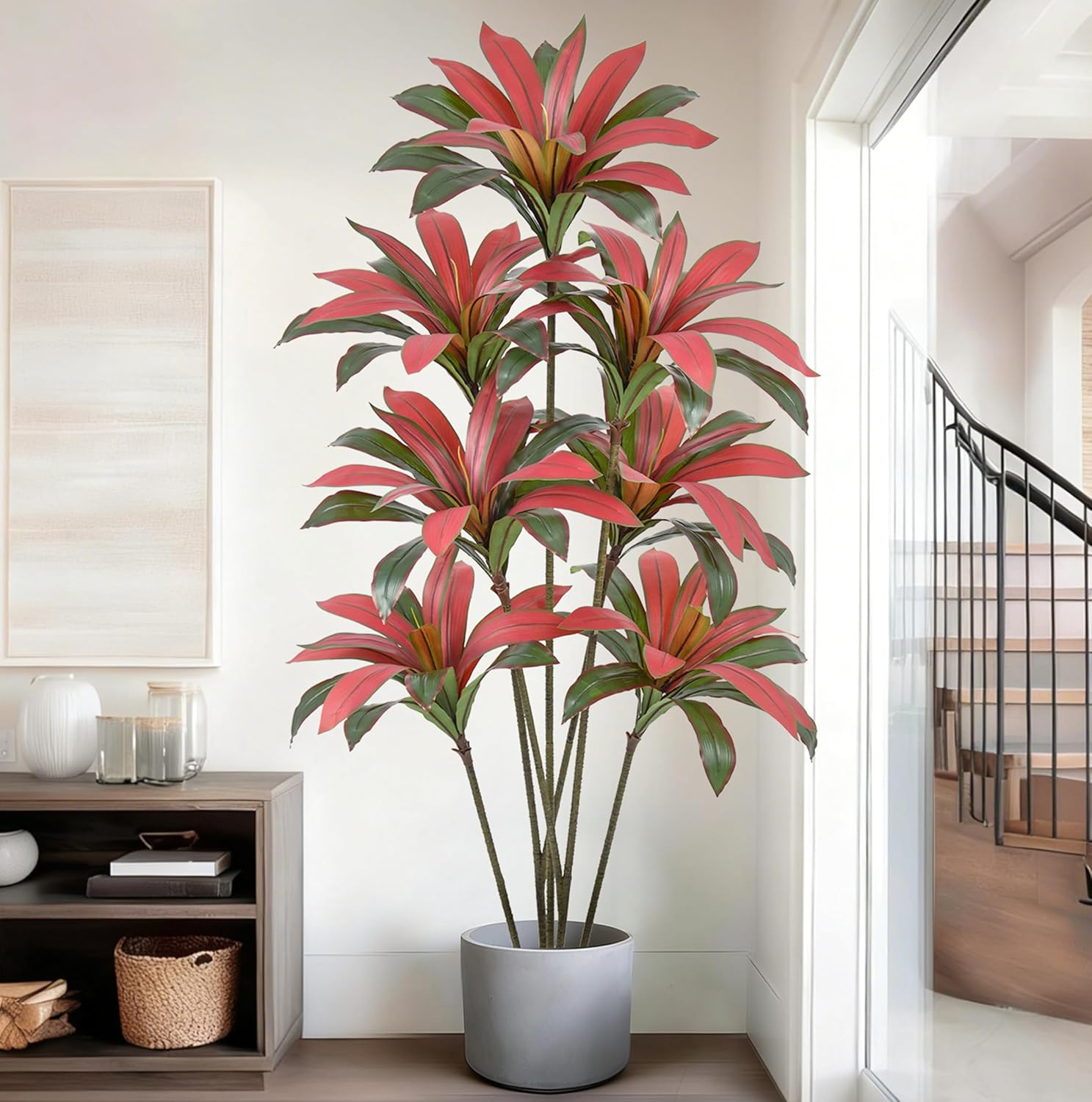 Artificial Red Dracaena Tree 6FT with 105 Leaves & 7 Heads Lifelike Tall Fake Faux Tropical Silk Bicolor 72 Inch Plant Black Pot for Indoor Home Office Store Corner Decor Housewarming Gifts - Image 8