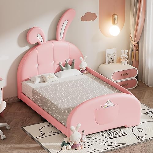 Bellemave Cama de plataforma tapizada tamaño individual con cabecera en forma de conejo, cama de princesa rosa para niñas, marco bajo con riel