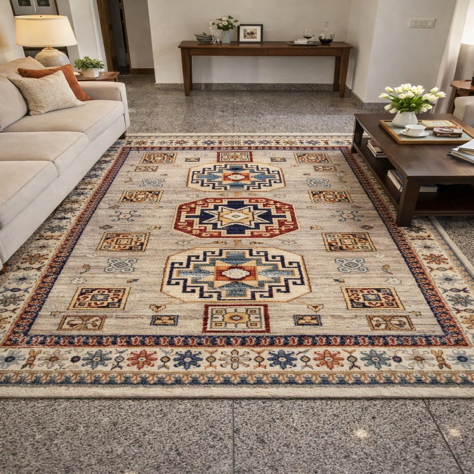 Tapis lavable géométrique 150 x 150 cm facile à nettoyer pour salon