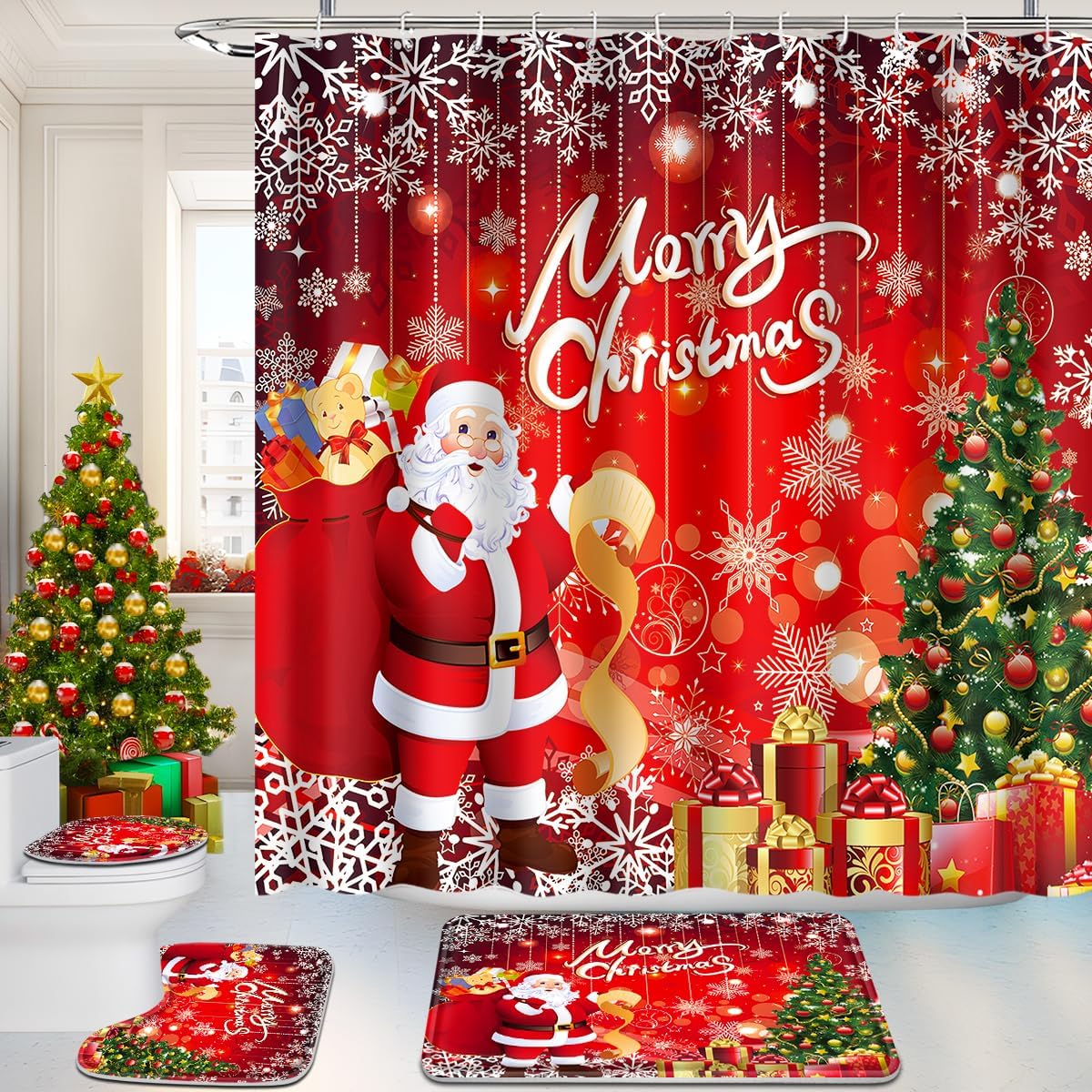 Christmas Bathroom Sets with Shower Curtain and Rugs 4 Pcs, Xmas Bathroom Decor Sets, Christmas Shower Curtain Set with Rugs(Bath Mat,U Shape,Toilet Lid Cover) and Hooks,Gold Santa Claus