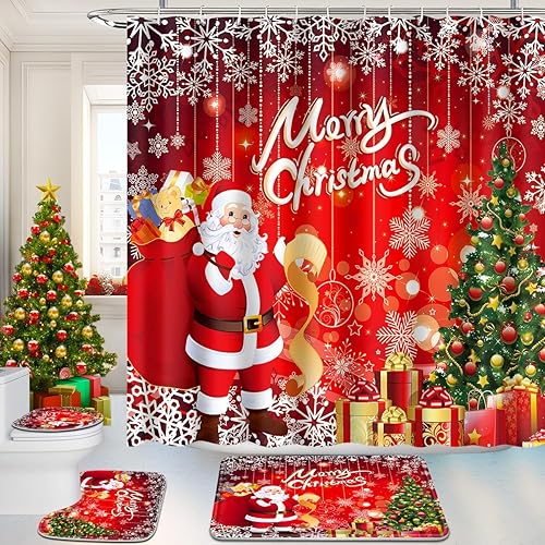 Christmas Bathroom Sets with Shower Curtain and Rugs 4 Pcs,