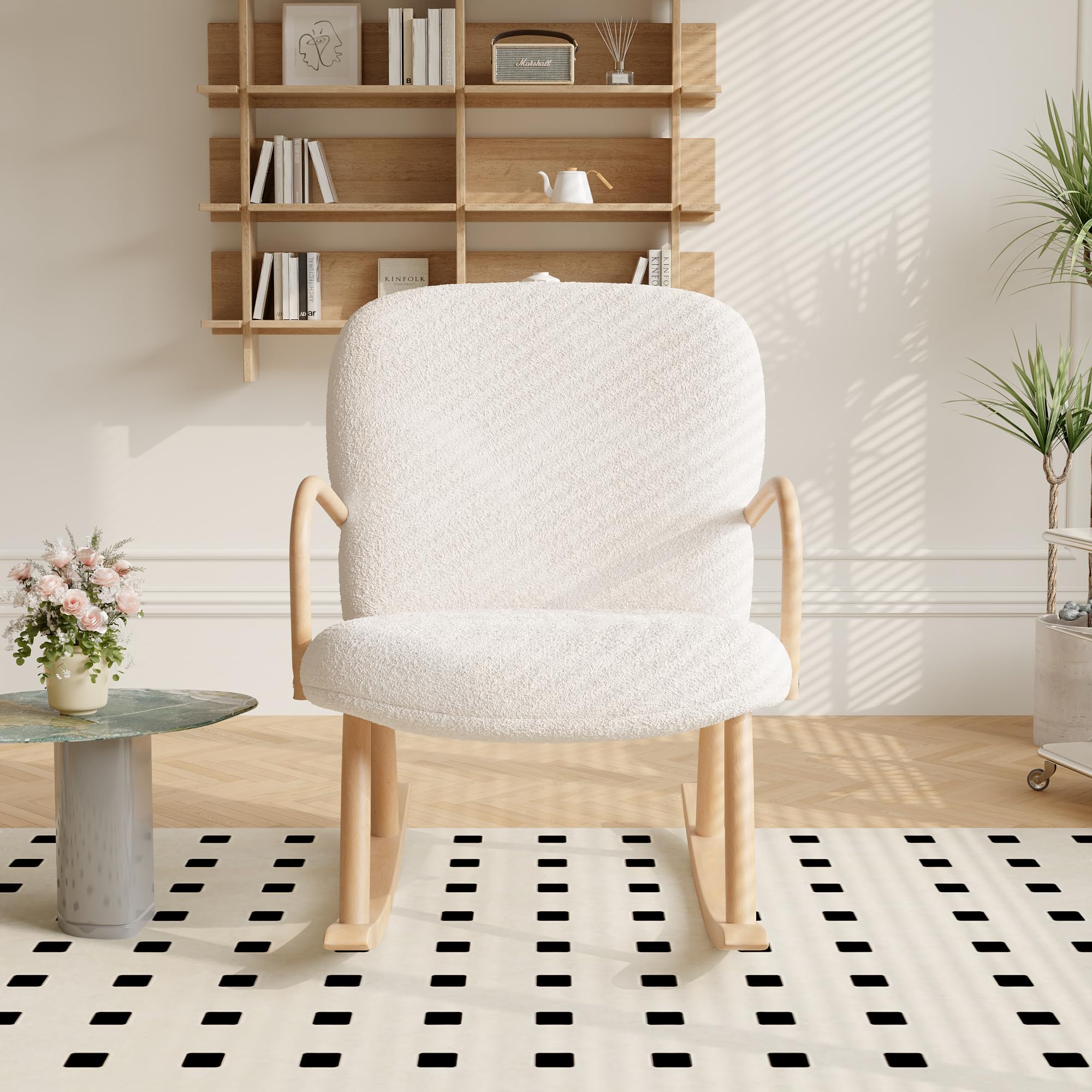 FEEOHOME Fauteuil Chambre Bébé, Chaise à Bascule avec Accoudoirs et Pieds en Bois, Velours Teddy Beige