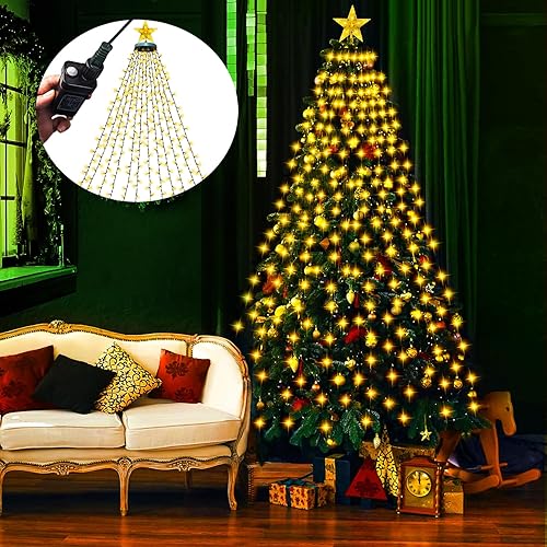 Luces de árbol de Navidad con estrella, 400 luces LED de Navidad amarillas cálidas de Navidad con 8 modos y función de memoria, 6.6 pies x 16