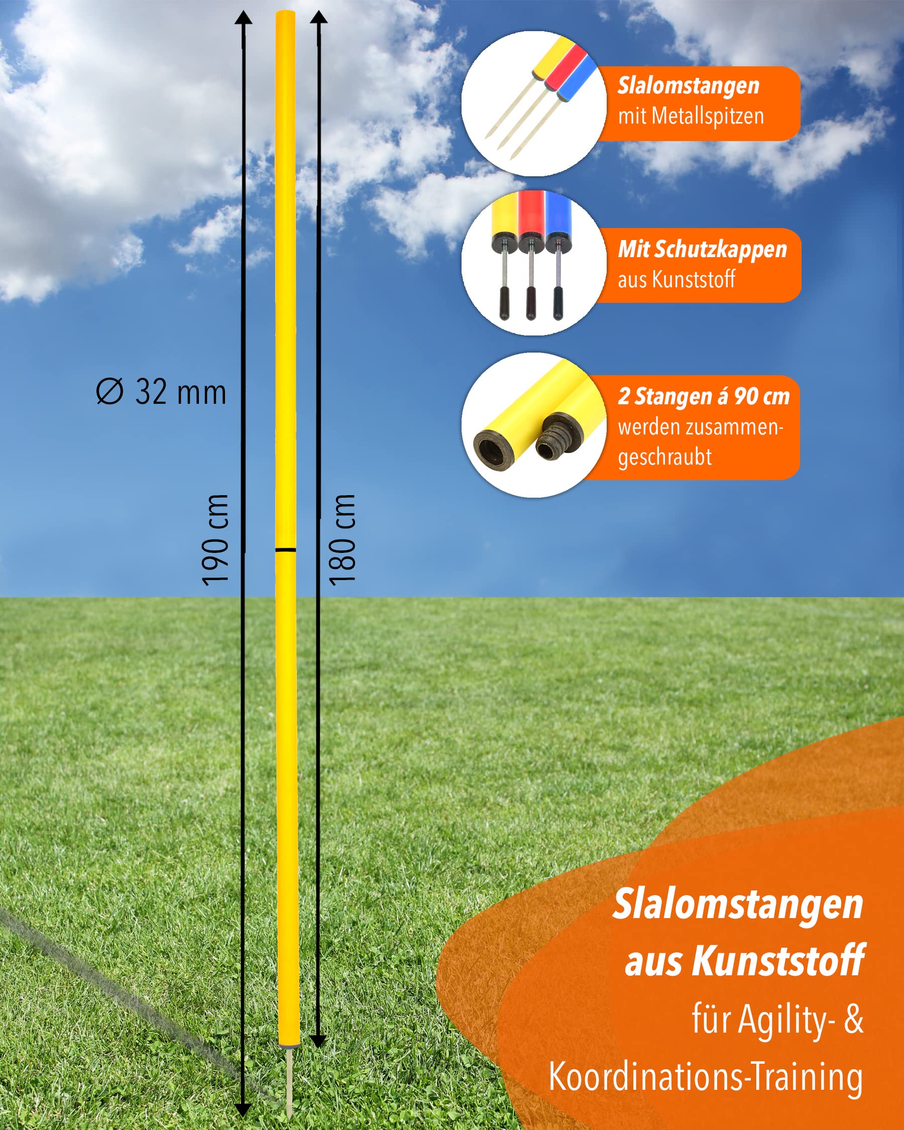 Slalomstangen 180 cm, ø 32 mm – 3er-Set – Trainingsstangen mit Metallspitze – Agility-Stangen – für Agility- & Koordinationstraining – für Fußball & Hundesport