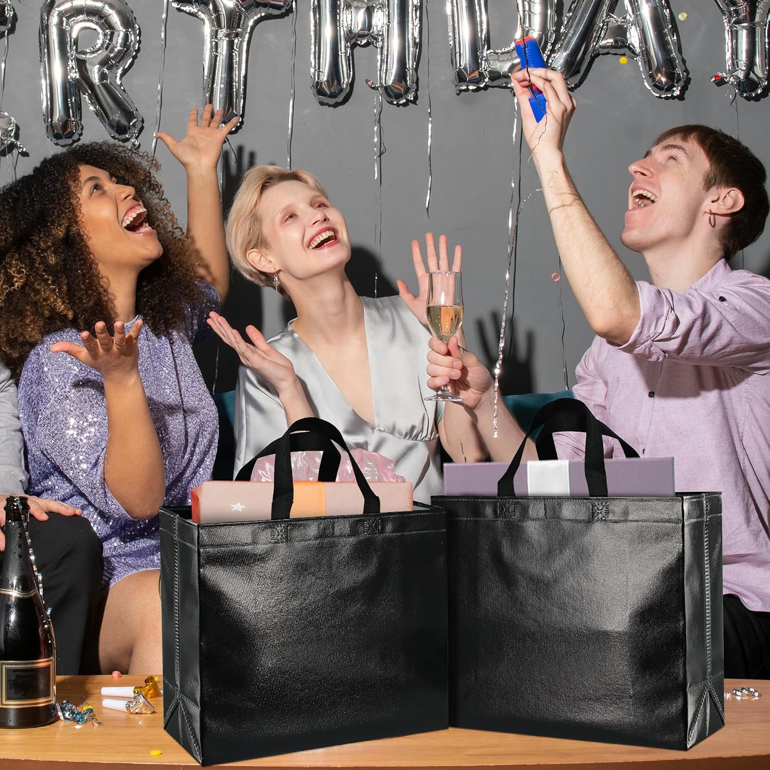 BLEWINDZ Black Gift Bags Large Size– 18Pcs Shiny Reusable Gift Bags with Tissues - Ideal as Goodie Bag With Handles, Birthday Bags, Party Favor Bags