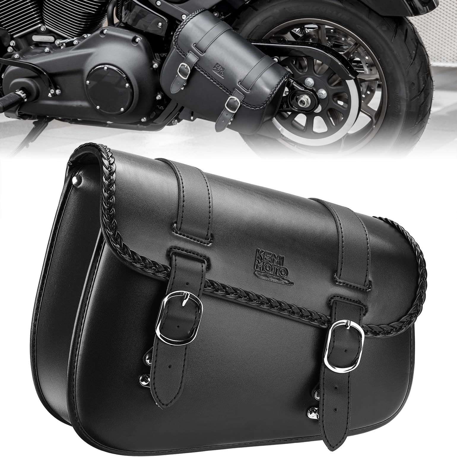 KEMIMOTO Motorcycle Swingarm Bag 10L Left Side Bags Swing Arm Bags with Synthetic Leather Compatible with Softail Sportster S Models Dyna Low Rider Fat Bob