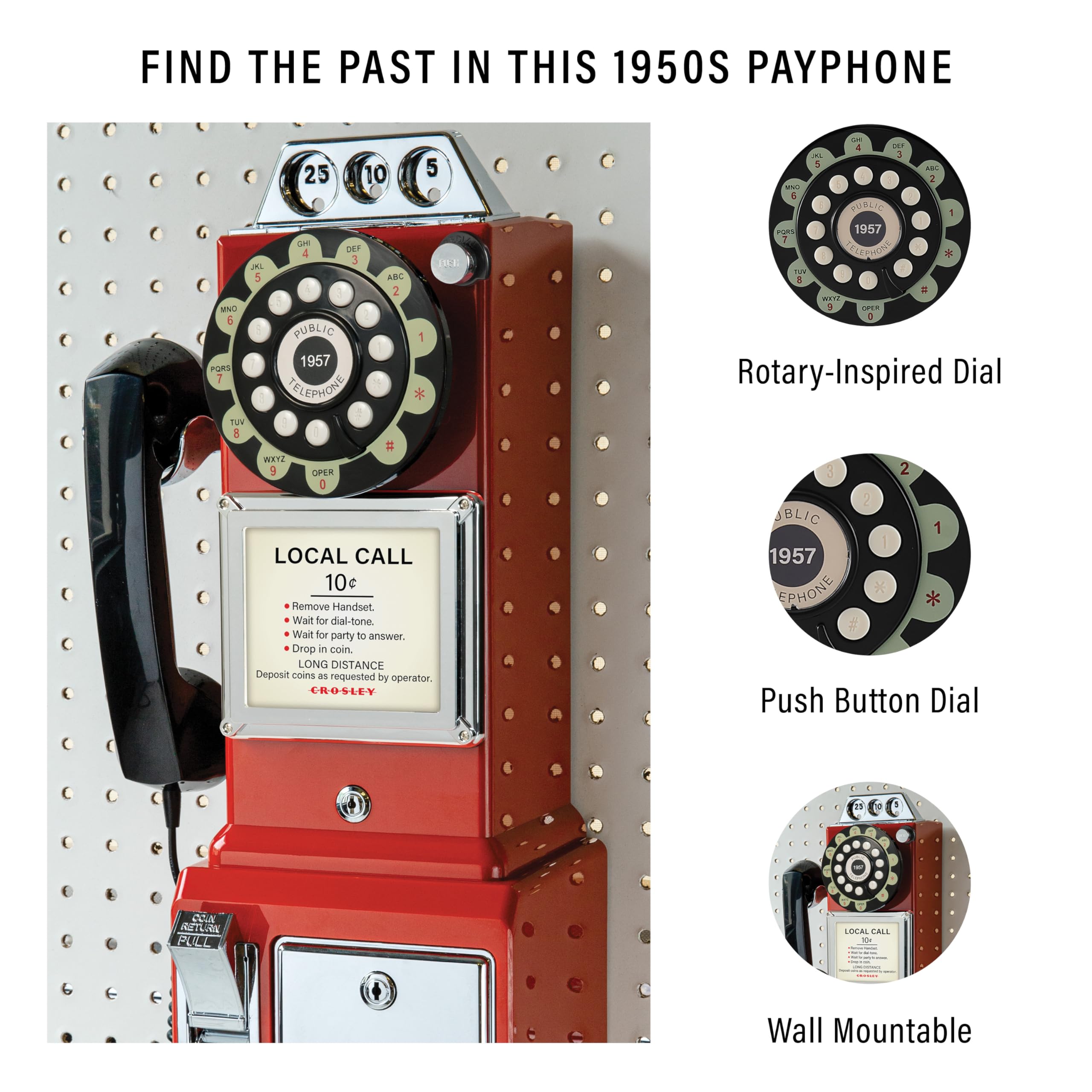 Crosley CR56-RE 1950's Payphone with Push Button Technology, Red