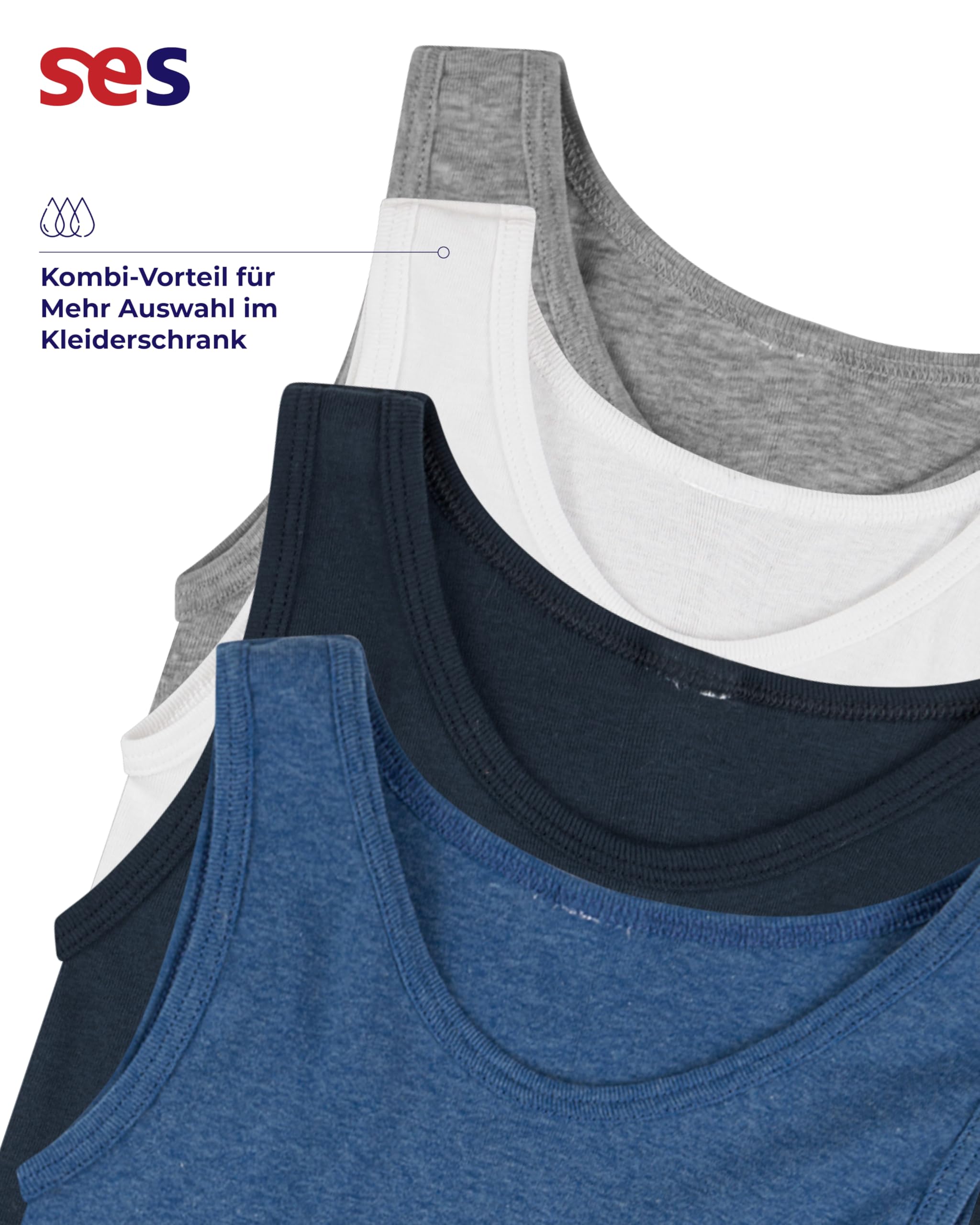 SES Pack de 4 Camisetas Interiores para Niños 92-182 en Blanco y Color - Algodón, Sin Mangas, Azul y Gris