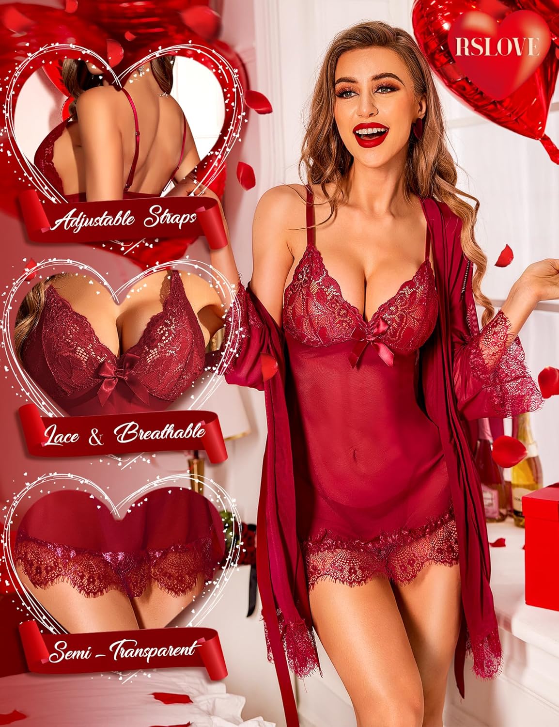 RSLOVE Women Sexy Lingerie Set 3 Piece Babydoll & Lace Kimono Robe Strap Chemise Sleepwear Mesh Nightgown - Image 3