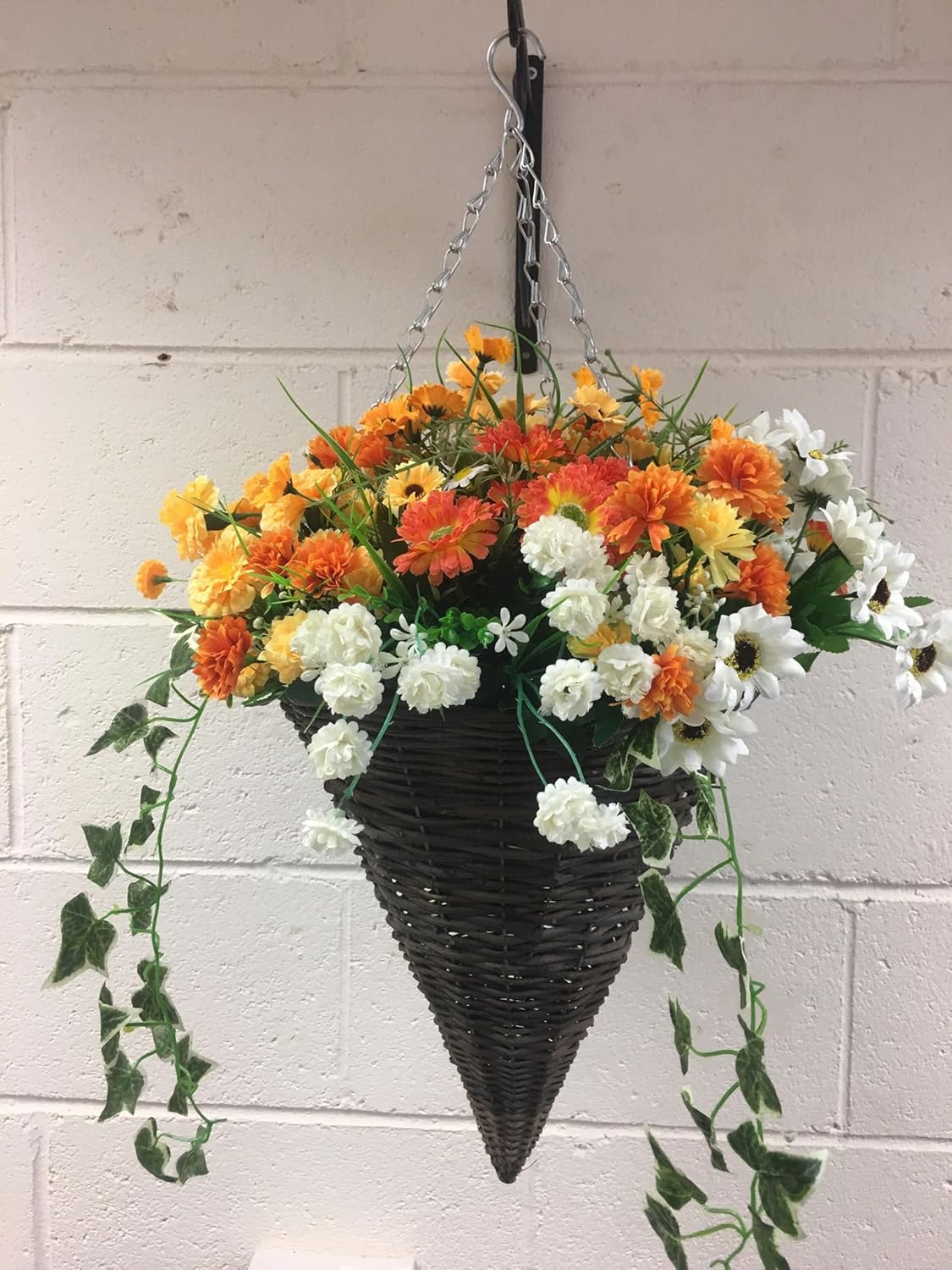 Round Wicker Artificial Flower Cone Hanging Basket Orange,Yellow and