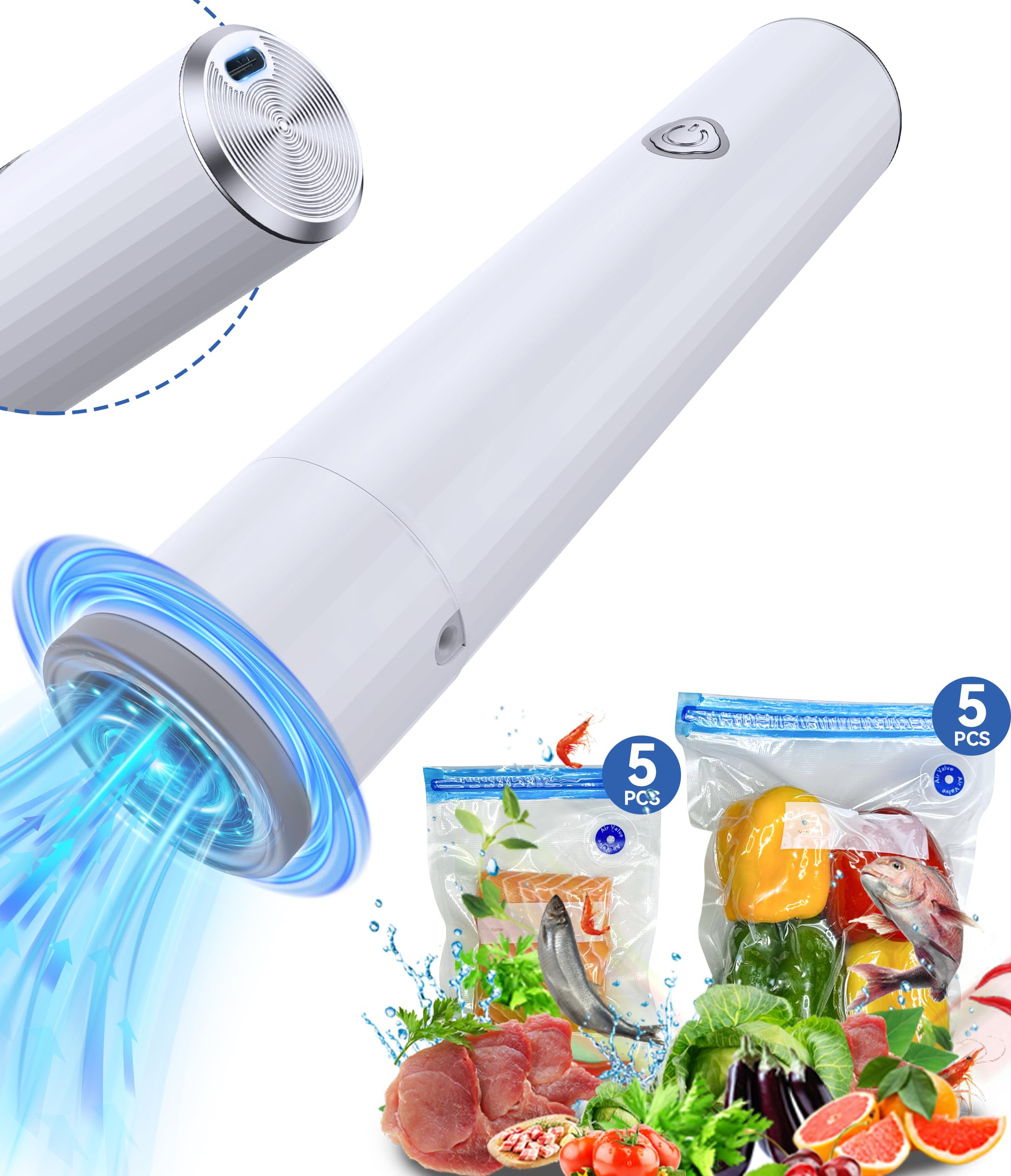 YIVXOZE Portable Cordless Handheld Vacuum Sealer with Vacuum Bags - Automatic Pump for Food Preservation, Type-C Charging, Includes (1 Pump+ 5 Large Bags+ and 5 Medium Bags)