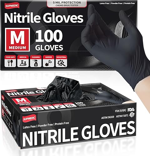 Supmedic Guantes desechables de nitrilo para examen, 5 mil, resistentes a productos químicos, sin polvo, no estériles, seguros para alimentos, color
