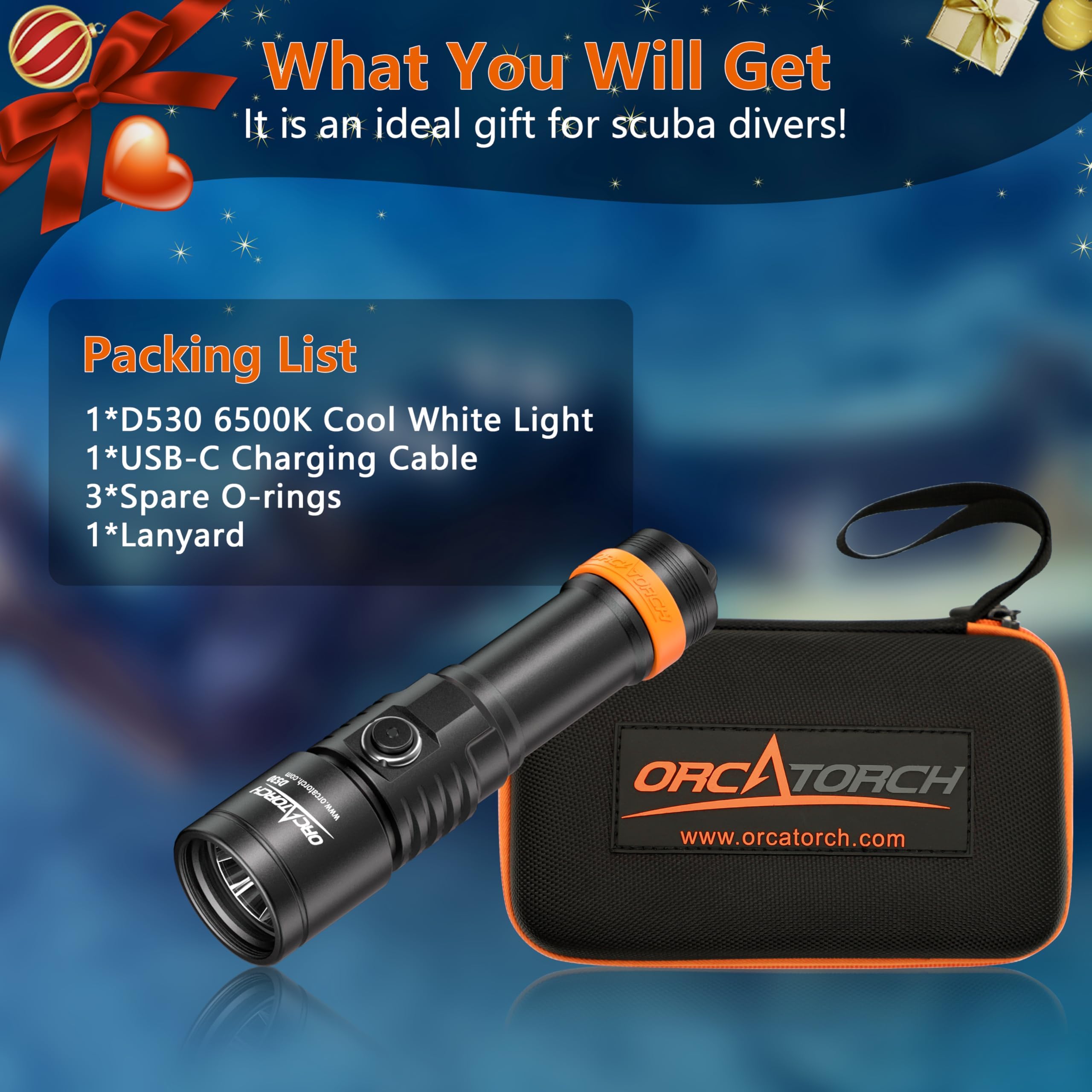 ORCATORCH D530 Luz de buceo, 1500 lúmenes, ángulo de haz estrecho de 7 grados, interruptor de botón lateral, dos modos de iluminación para buceo bajo el agua 150 metros