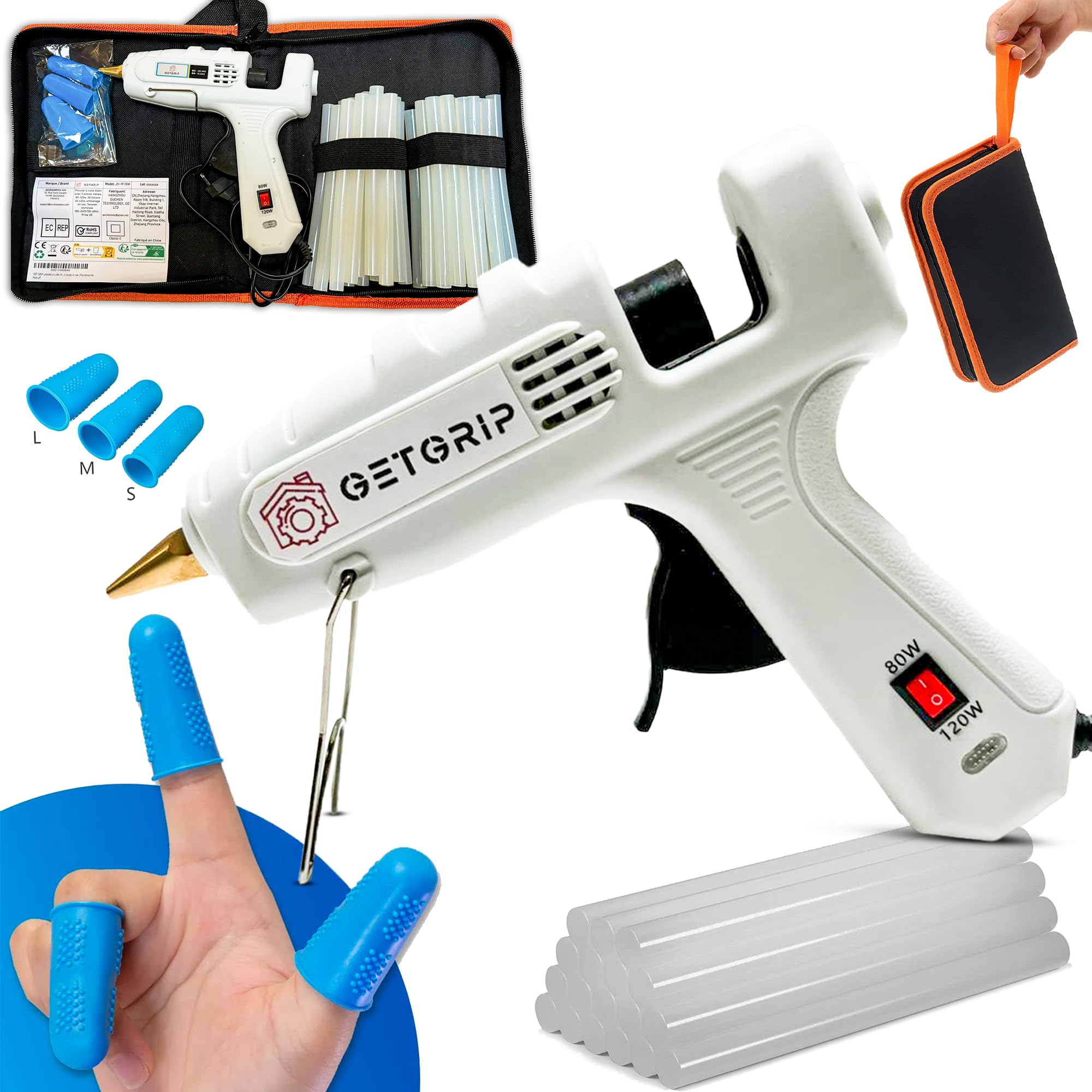 GETGRIP pistolet a colle chaude 80W Température Réglable – 30 Bâtons 11x150mm Inclus, 3 Protège-Doigts & Sac – Chauffage Rapide 60s pour DIY, Artisanat | pistolet a colle professional | glue gun
