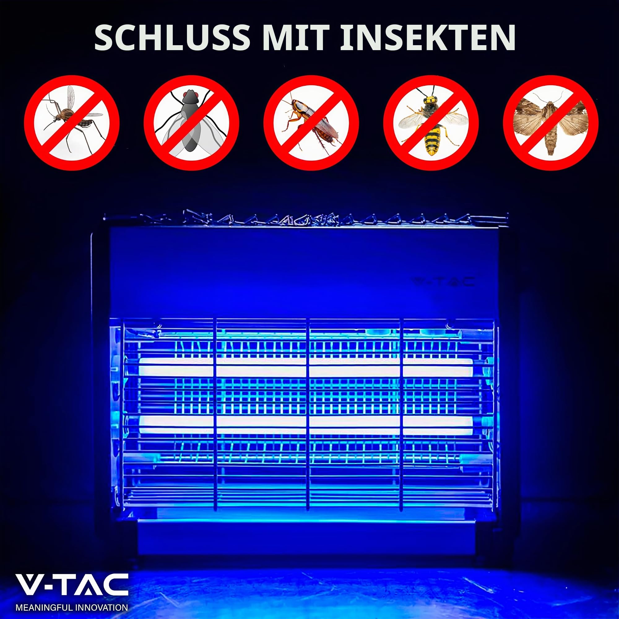 V-TAC Insektenvernichter Elektrischer 20 W mit 80 m² effektiver Fläche – schlankes Design – Moskitonetz mit UV-Blaulicht für den Innen- und Außenbereich – elektrische Falle gegen Mücken und Insekten