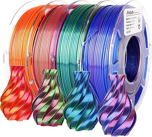 AMOLEN Silk PLA 3D Printer Filament Bundle, Shiny Dual Color Filament 1.75mm Pack, Multi Color Change 3D Printing Filament for Most FDM 3D Printer, 4 Spools 200g Each