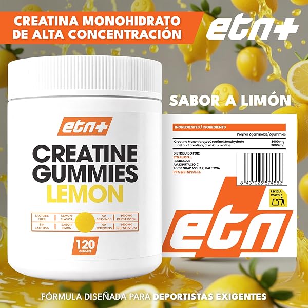 ETN+ Gominolas de Creatina Monohidratada 3600mg | 120 Gummies – 60 Servicios (2 meses) | Sin Azúcar, Sin Gluten | Alternativa Cómoda a la Creatina en Polvo | Ingredientes de Origen Natural | Limón - 2