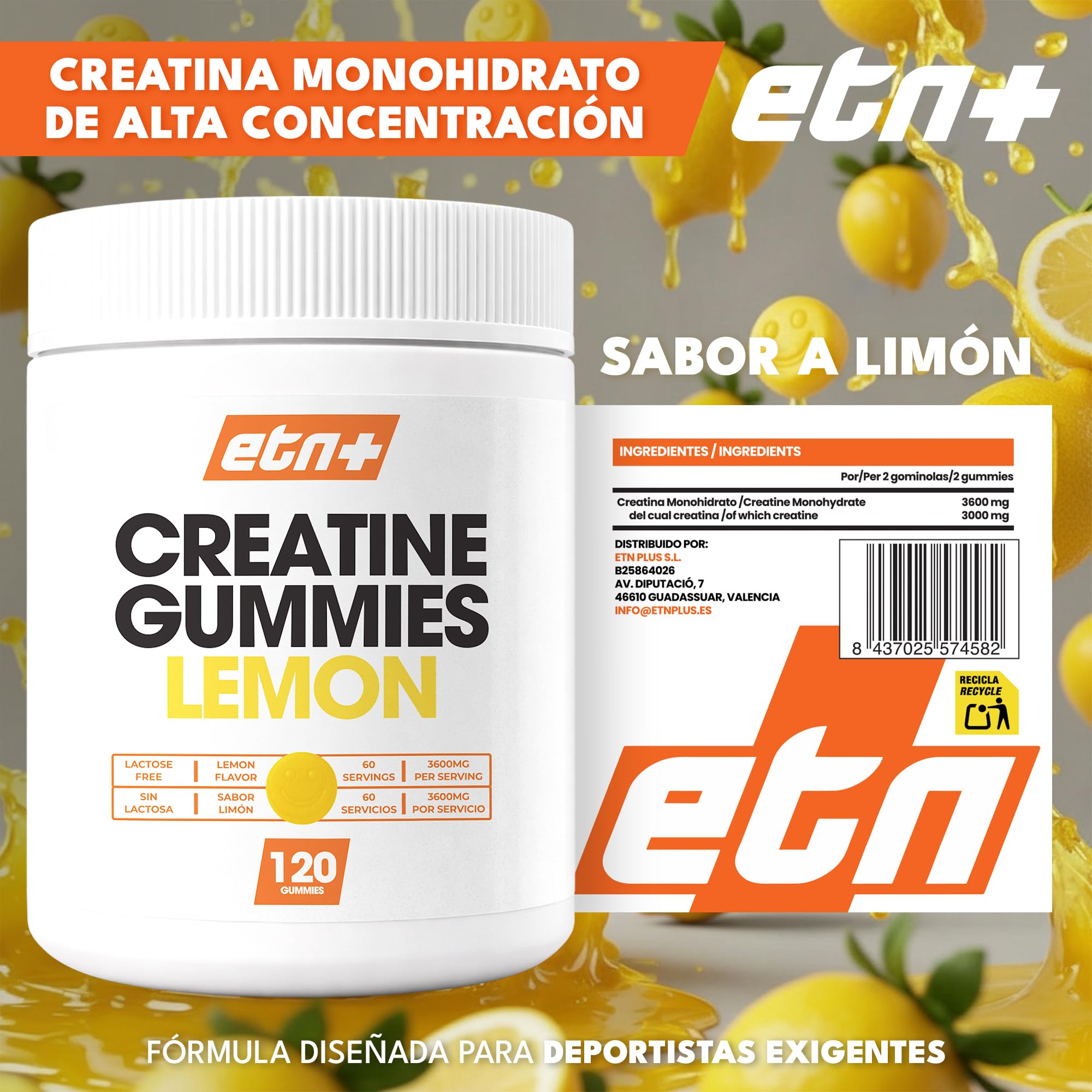 ETN+ Gominolas de Creatina Monohidratada 3600mg | 120 Gummies – 60 Servicios (2 meses) | Sin Azúcar, Sin Gluten | Alternativa Cómoda a la Creatina en Polvo | Ingredientes de Origen Natural | Limón — view 2