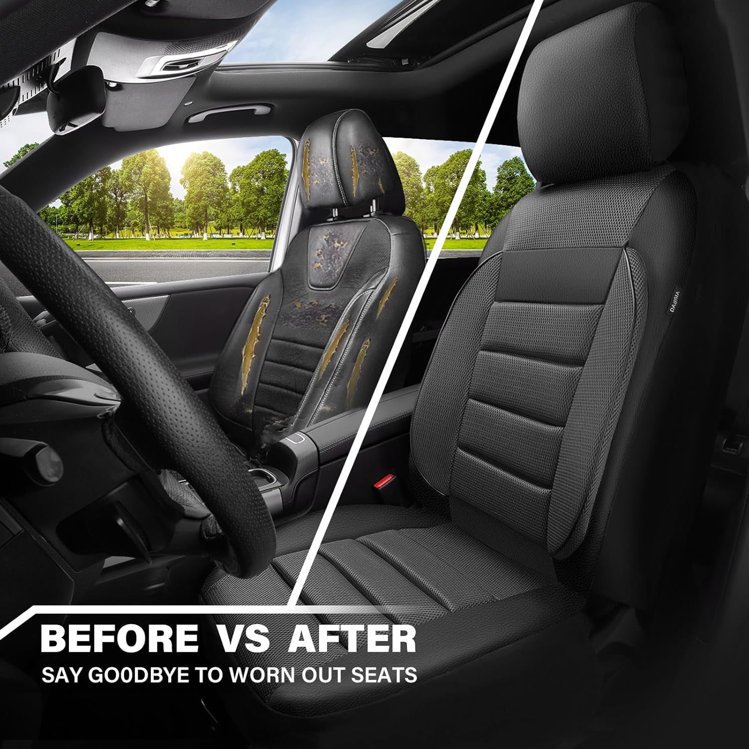 CAR PASS 3D Foam Leather Car Seat Covers Two Front Seats only, Air Mesh Thick Seat Covers, All Weather Car Seat Cover Comfort & Protection for Truck,SUV,Sedan,Van, Airbag Compatible (Charcoal Gray)