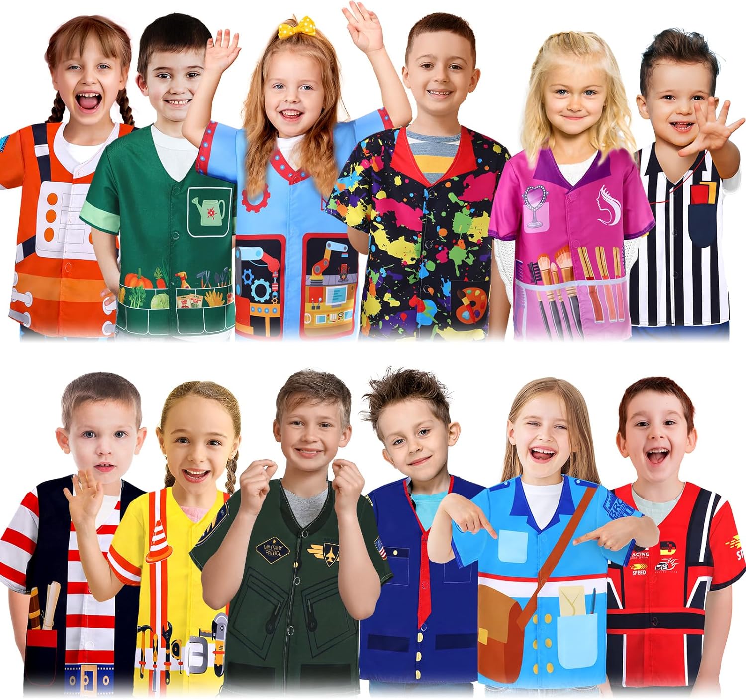 Jiuguva 12 Pcs Dress up Clothes for Kids Role Play Costume for Cosplay Career Costumes Astronaut Construction Worker Racer Engineer Pirate Painter Train Conductor Postman Pilot Barber Referee